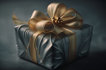 A close-up of a wrapped Christmas present with a festive bow. Generative AI
