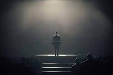 A CEO standing at a podium in a dimly lit auditorium, delivering a speech to a large audience. Generative AI