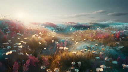 Fototapeta na wymiar Pastel-colored flower field with glowing, translucent flowers wallpaper. Generative AI