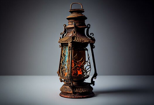 An antique lantern, rusted with age and isolated against a white background. Generative AI