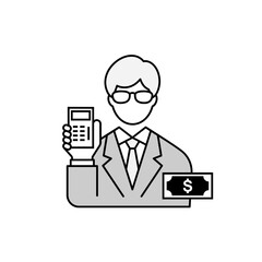Fototapeta na wymiar Accounting man holding calculator with right hand. Accountant concept icon.