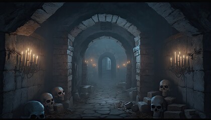 Crypt for tabletop role playing game setting, fantasy background haunted and creepy dungeon. Generative AI