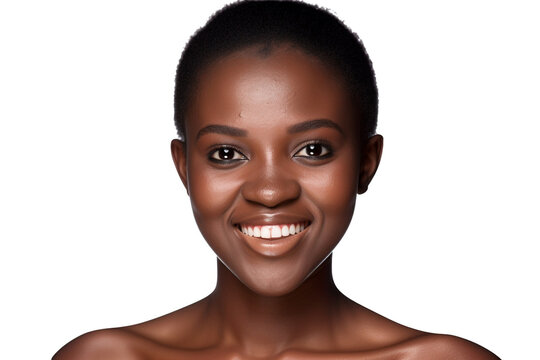 A Black woman is shown smiling and standing in front of a white background, illuminated by studio lighting. generative AI