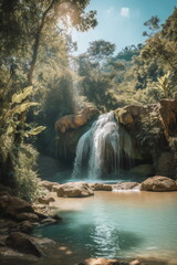 Wasserfall im tropischen Dschungel . Natur Hintergrund und Tapete Konzept Oase - erstellt mit AI