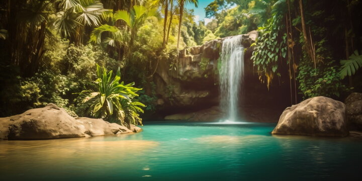 Beautiful waterfall in jungle with palm trees and sunshine background image - created with AI 