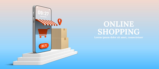Smartphone on three steps podium with shopping cart icon and buy button. Parcel packaging boxes with location map pin. Online shopping concept 3d vector.