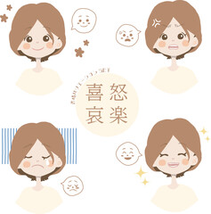女の子の喜怒哀楽の表情4種セットイラスト