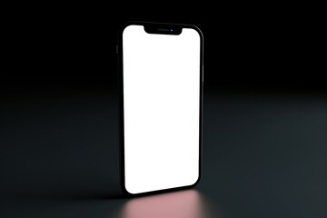 black smartphone with blank screen, closeup of modern smart phone with white color screen isolated on black color background