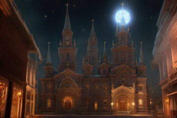 a huge church cathedral in the night and moon in the sky. Generative AI