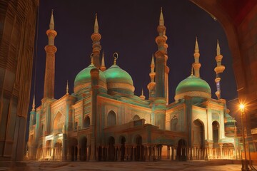 a painting of a huge mosque with minarets in the night with a lot of light. Generative AI