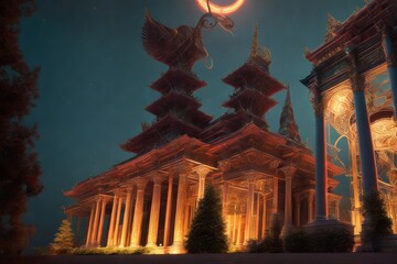 Fototapeta premium a huge scary buddhist temple in asie in the foggy night and moon in the sky. Generative AI