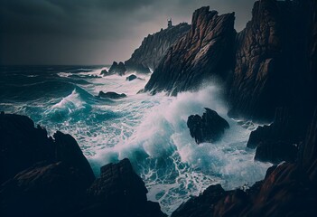 Fototapeta na wymiar Rocky Brittany coast hit by stormy seas. Generative AI