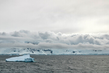 Low clouds over Antarctic Mountains from the Neumayer Channel in Antarctica