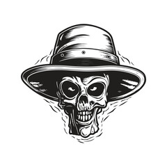 alien head in bucket hat, vintage logo concept black and white color, hand drawn illustration