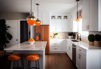 Modern home's kitchen has white cabinets, wooden floors, and an orange pendant light hanging over sink area. Generative AI