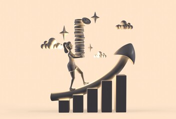 girl businessman carry money coin stack walk up growth graph diagram. 3d-rendering.