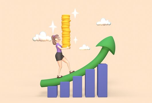 girl businessman carry money coin stack walk up growth graph diagram. 3d-rendering.
