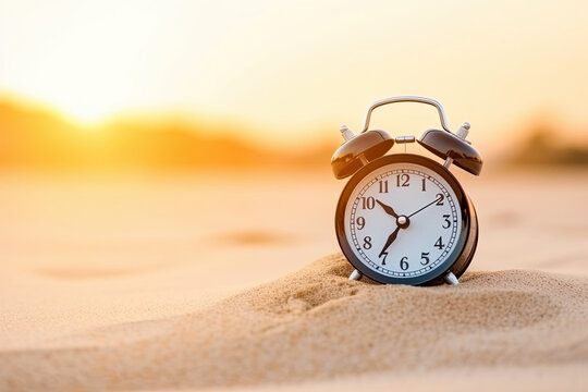 alarm clock on the beach. AI generative image.