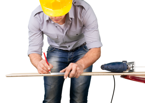 Male worker in yellow helmet isolated on white  background
