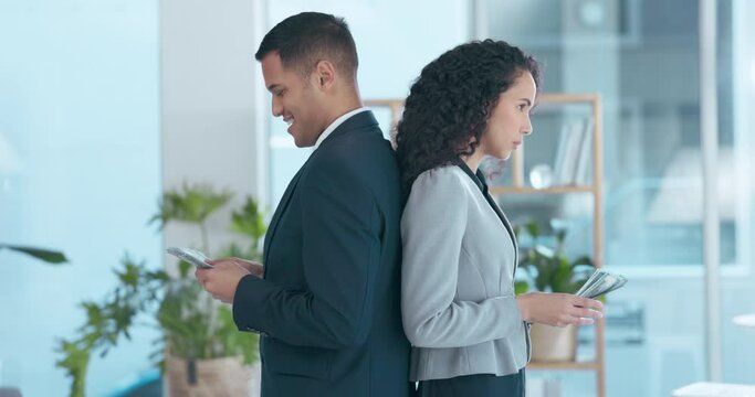 Money, inequality and wage gap with business people in the office feeling happy or upset about equal pay. Finance, economy or payment with a man and woman employee counting cash in the office at work