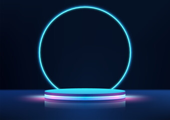 3D realistic empty blue and pink neon colors podium with circles glowing blue neon light backdrop on black background technology style