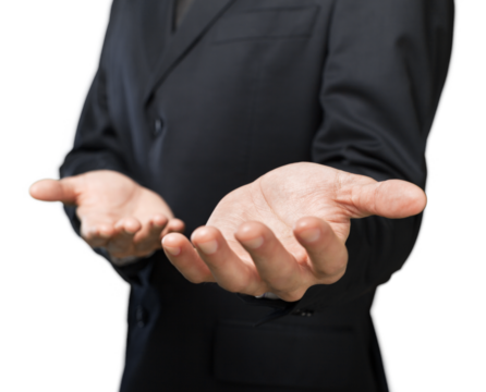 Man wearing a business suit reaching hands out