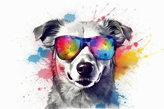 dog in sunglasses realistic with paint splatter abstract