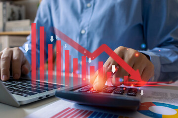 Crisis economic collapse stock chart falling down concept, businessman with red arrow falling financial graph floor to global money bankruptcy, recession, depression, inflation, market capital crash.
