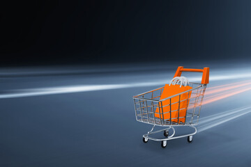 Metal shopping cart on dark background 3d illustration