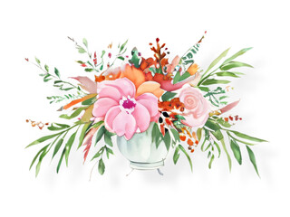 bouquet of flowers in a vase, on transparent background