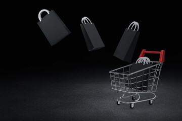 Metal shopping cart on dark background, black friday concept 3d illustration