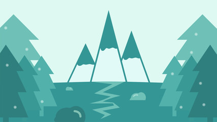 flat illustration of winter mountain with pine trees. suitable for wall decoration, wallpaper, etc