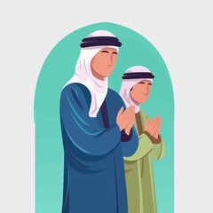 two young islam arab pray together