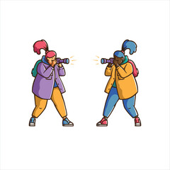 Vector doodle handdrawn illustration. Black woman in yellow jacket and denim pants photographs white woman in purple shirt with backpack. Young childfree female photographer with red hair. Work. Cute 