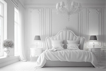 All White Bedroom with Minimalist Decor and Soft Textures generative ai