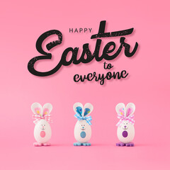 Happy Easter minimal concept.Creative composition with Cute and funny Easter Bunnies made of egg ..Creative art, minimal aesthetics.Writing space, copy space