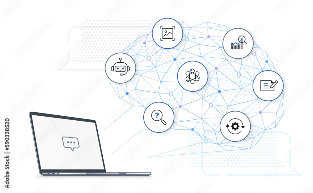 Wall mural artificial intelligence ai chat technology concept. side view laptop computer with digital brain bac