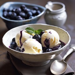 Zabaglione ice-cream with balsamic blueberries - generative AI - obrazy, fototapety, plakaty