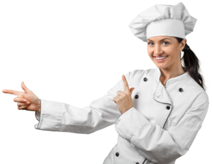 Portrait of young woman chef on white background