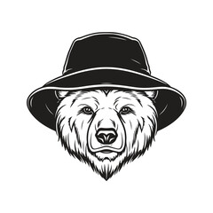 bear wearing bucket hat, vintage logo concept black and white color, hand drawn illustration
