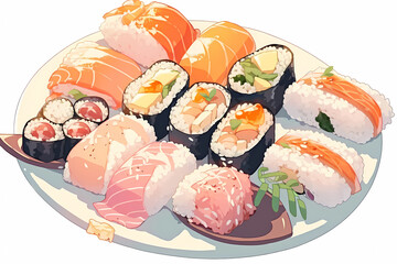 Sushi on a white plate, anime style. generative AI