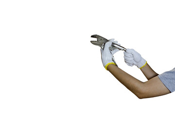 Isolated image of gloved hand holding a locking pliers on a png file at transparent background