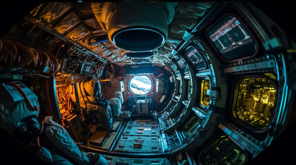 Window on the Universe: Interior View of Spaceship Looking Down on Earth. 