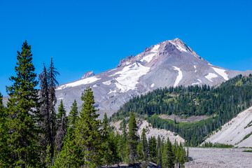 The South Face of Mount Hood in Hood River County, Oregon, USA. This dormant volcanic peak in the Cascade Range looms over Portland, OR.