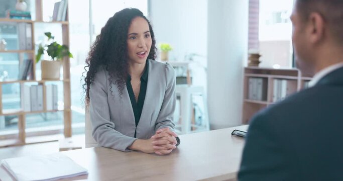 Business people, handshake and interview in meeting, hiring or partnership at the office. Woman recruiter shaking hands with businessman for corporate introduction, deal or agreement at the workplace