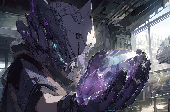 A robotic hand holding a glowing purple crystal, anime.jpg. generative AI