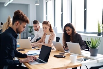 Obraz premium Diverse group of professionals collaborate on a project working together. Generative AI