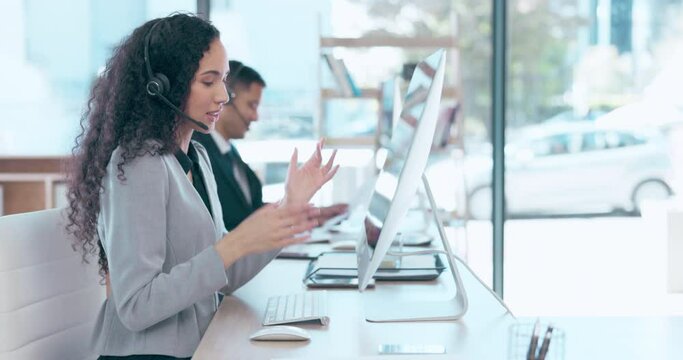 Call center, computer and advice with woman in office for consulting, customer service and business. Productivity, friendly and hotline with female for technical support, contact us and connection