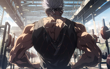 muscular back in the gym, anime style. generative AI - obrazy, fototapety, plakaty