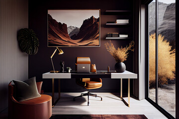 Artistic Nature Wall Art in a Minimalistic Home Office Setup generative ai